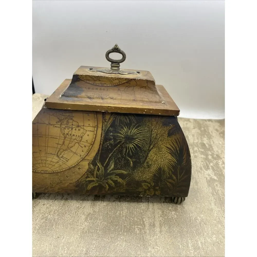 TABLE TOP CURVED CHEST W/WORLD MAP/TROPICAL SCENE DESIGN-LIDDED 8” Long